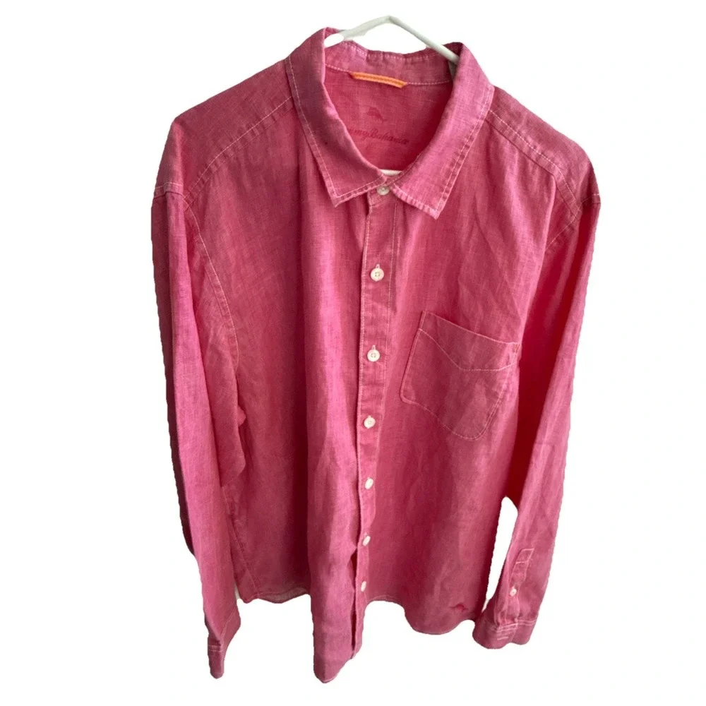 TOMMY BAHAMA Shirt Men's XL Pink Chambray 100% Linen Long Sleeve Breathable - Picture 2 of 11